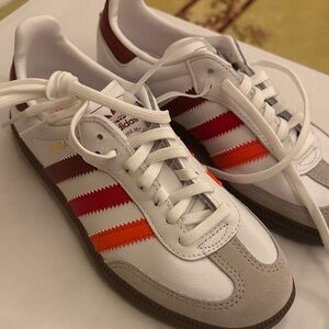 Adidas White Sneakers with Red and Orange Stripes